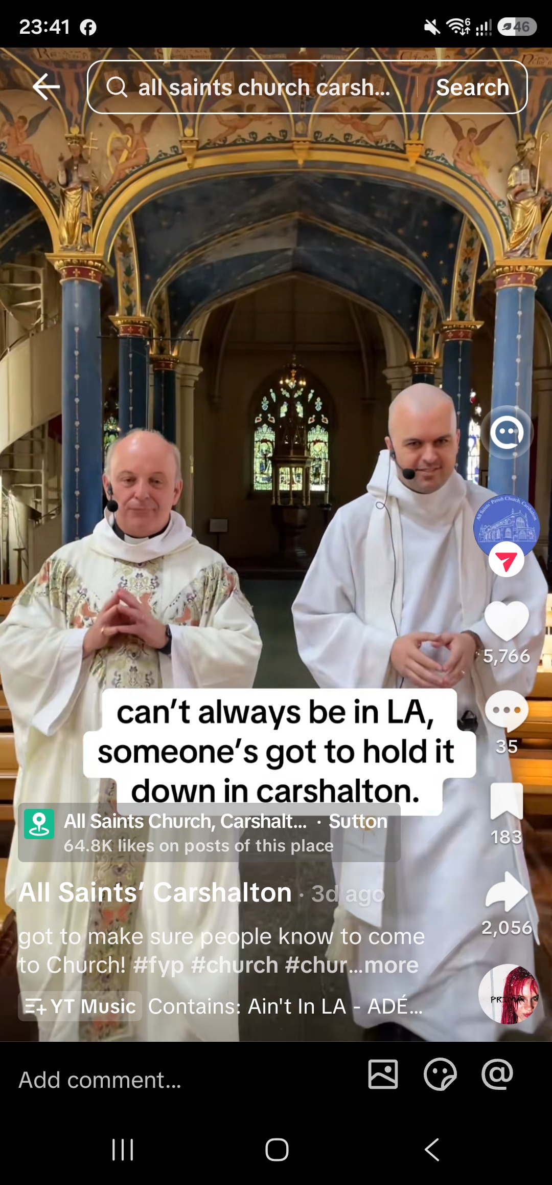 Two clergy at All Saints' Carshalton in a TikTok video joking about holding it down in Carshalton while everyone else is in LA