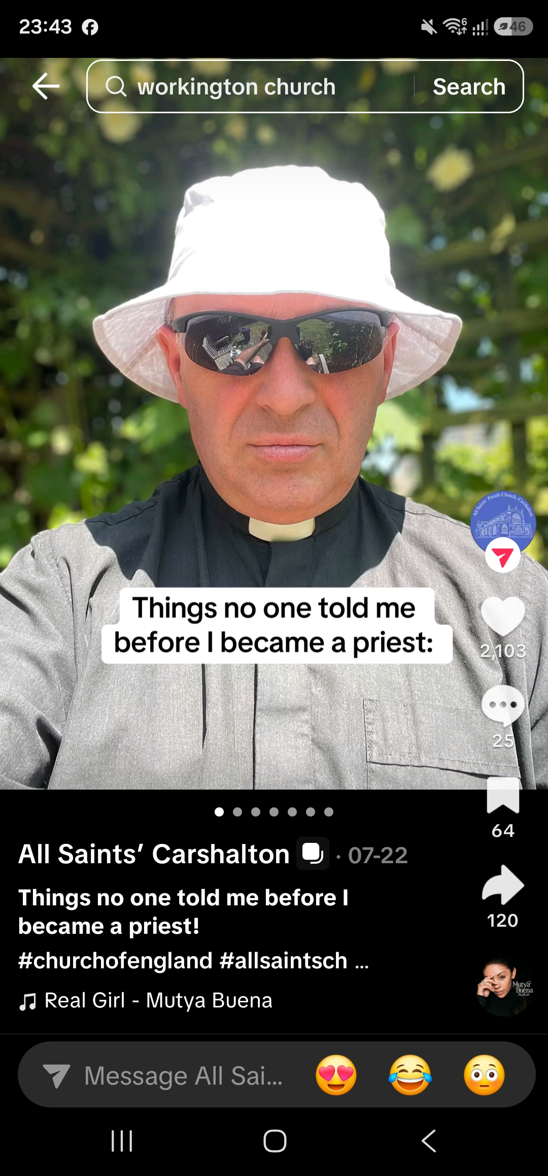 A priest from All Saints' Carshalton wearing a bucket hat and sunglasses in a TikTok titled Things no one told me before I became a priest
