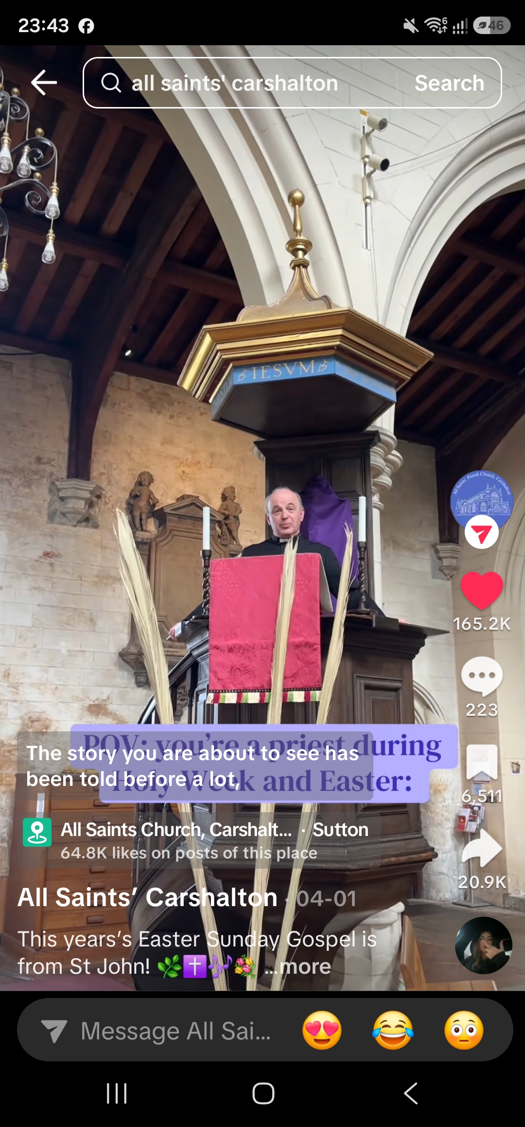 A priest at All Saints' Carshalton preaching from the pulpit in a TikTok titled POV: you're a priest during Holy Week and Easter